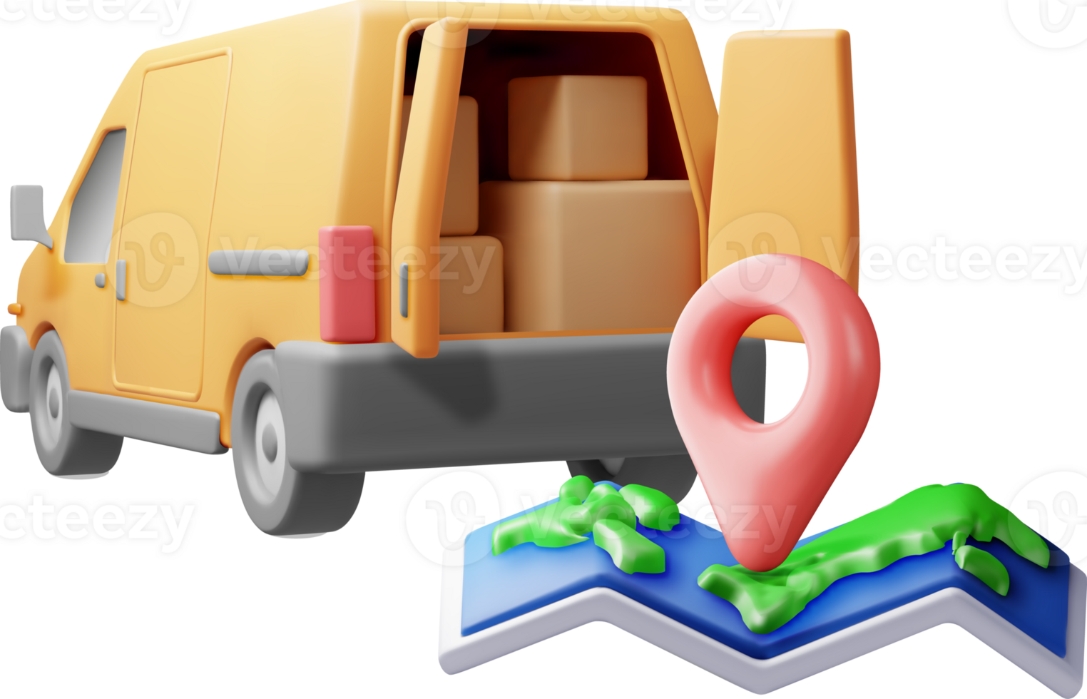 3D delivery van and cardboard boxes and map. png