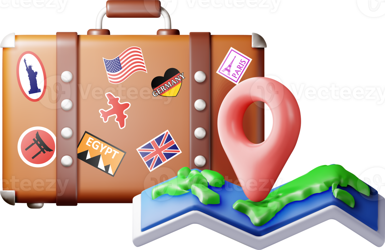 3d vintage suitcase with folded paper map png