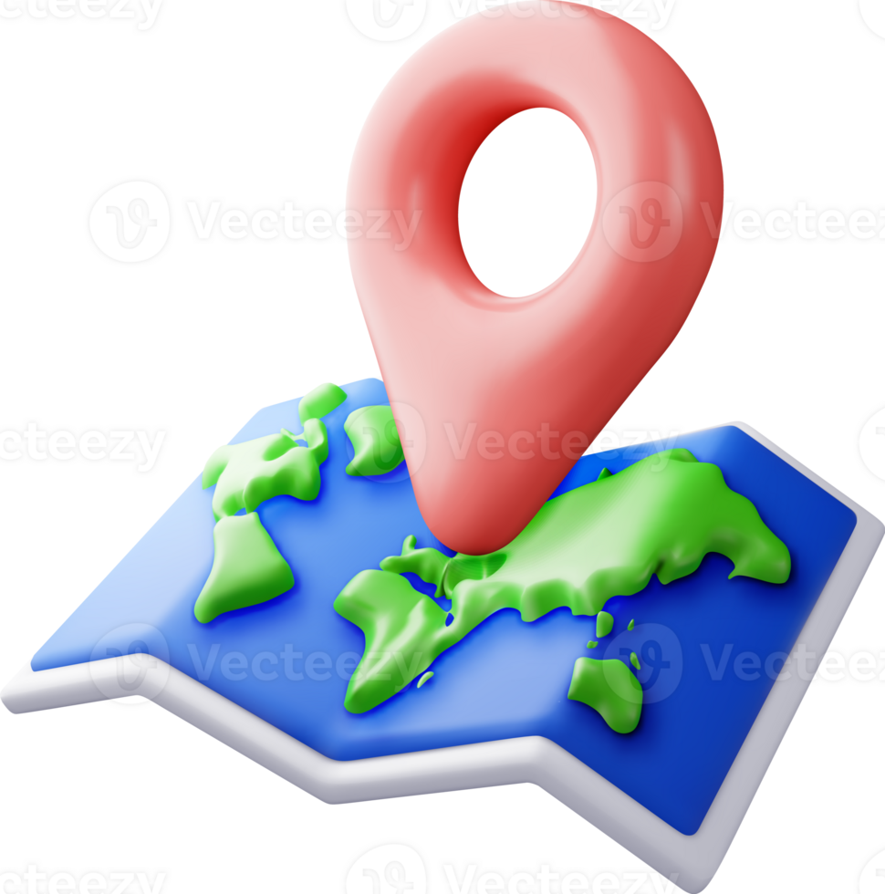 3D cartoon folded world map with location pin png