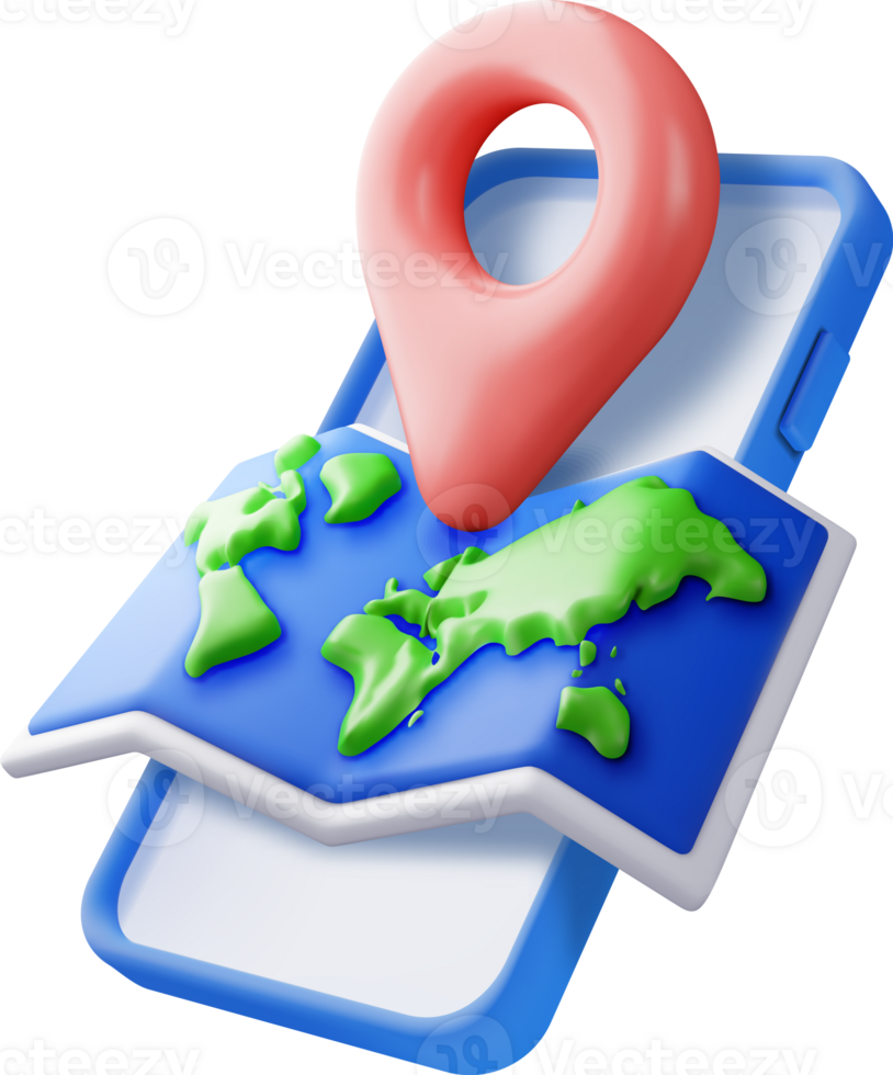 3d ubicación mundo mapa y alfiler en teléfono inteligente png