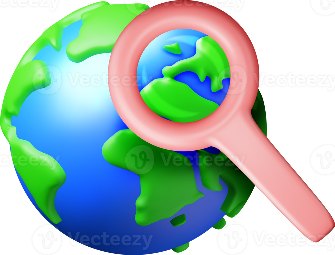 3d globo con carta geografica di mondo con ingrandimento bicchiere png