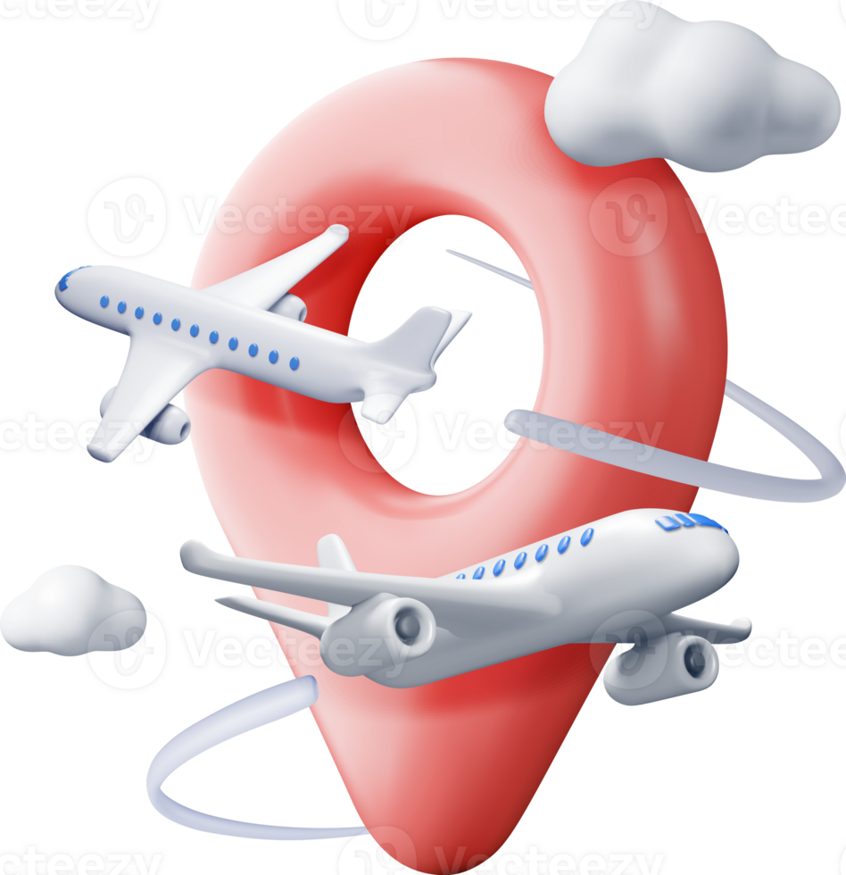 3D airplane in clouds and location pin png