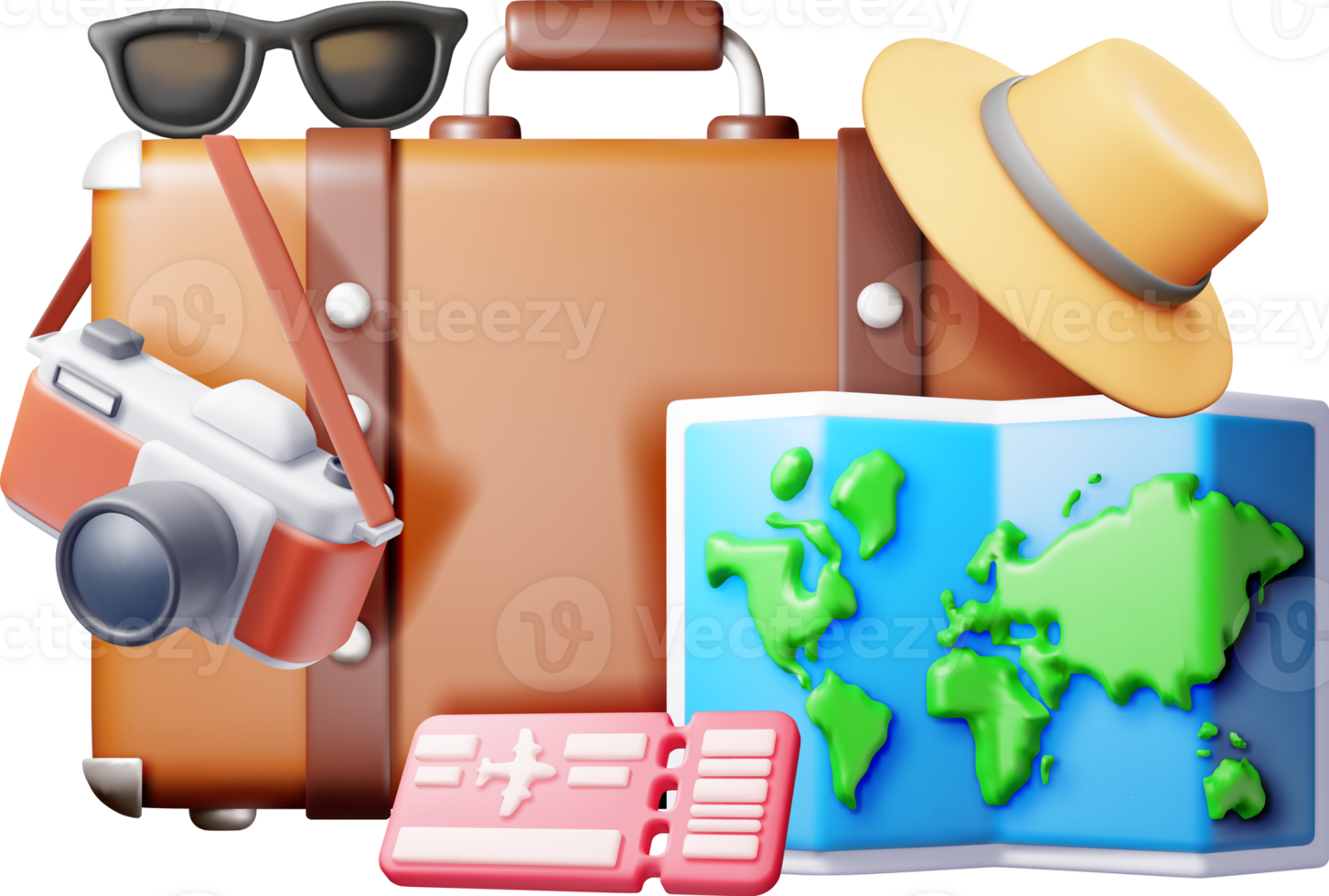 3d airline ticket travel bag, photo camera and hat png