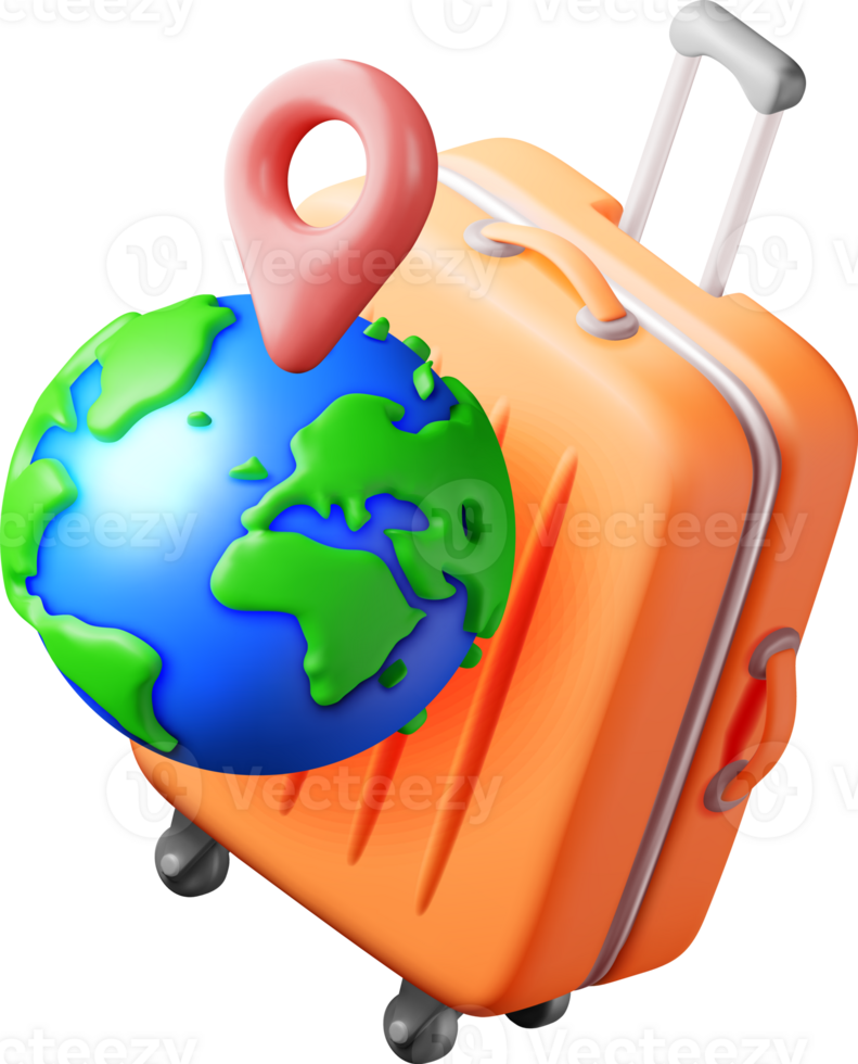 3d red suitcase with blue globe on top png