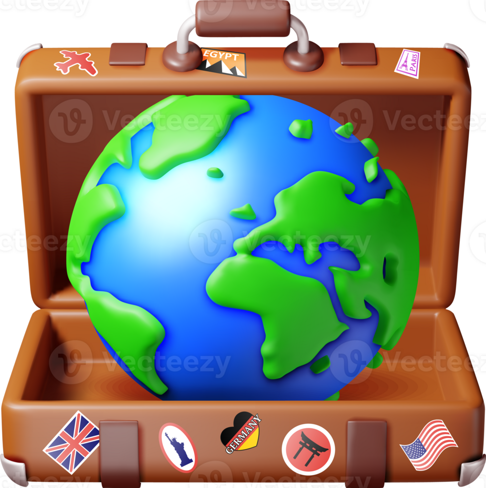 3d vintage suitcase with blue globe inside png