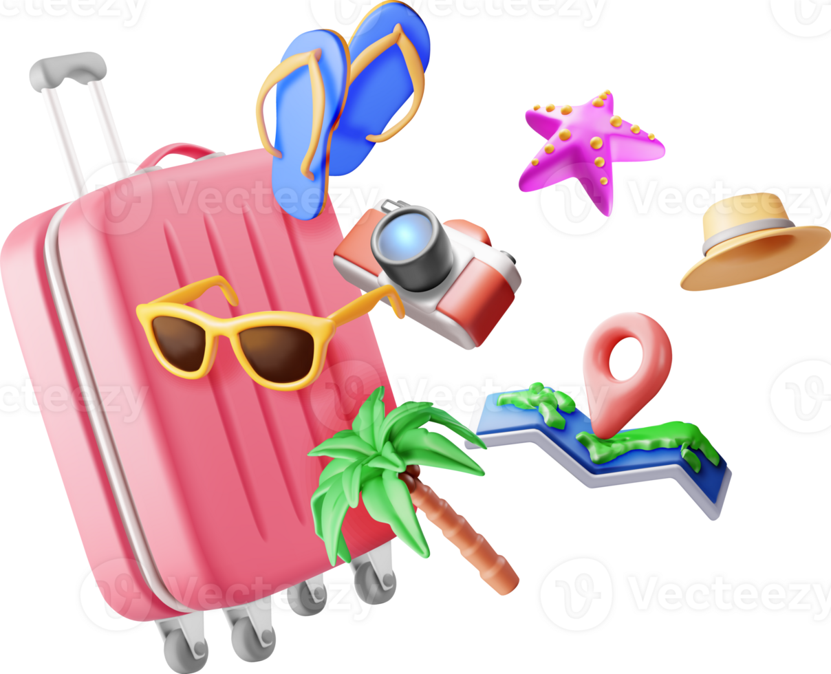 3d palm tree, travel bag, globe and photo camera. png
