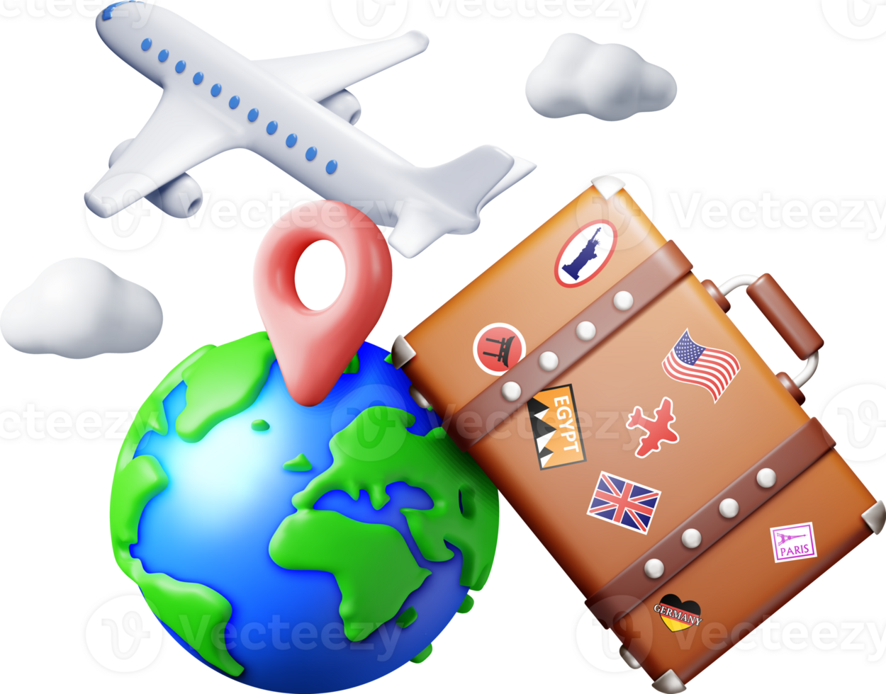 3d vintage travel bag, globe and airplane png