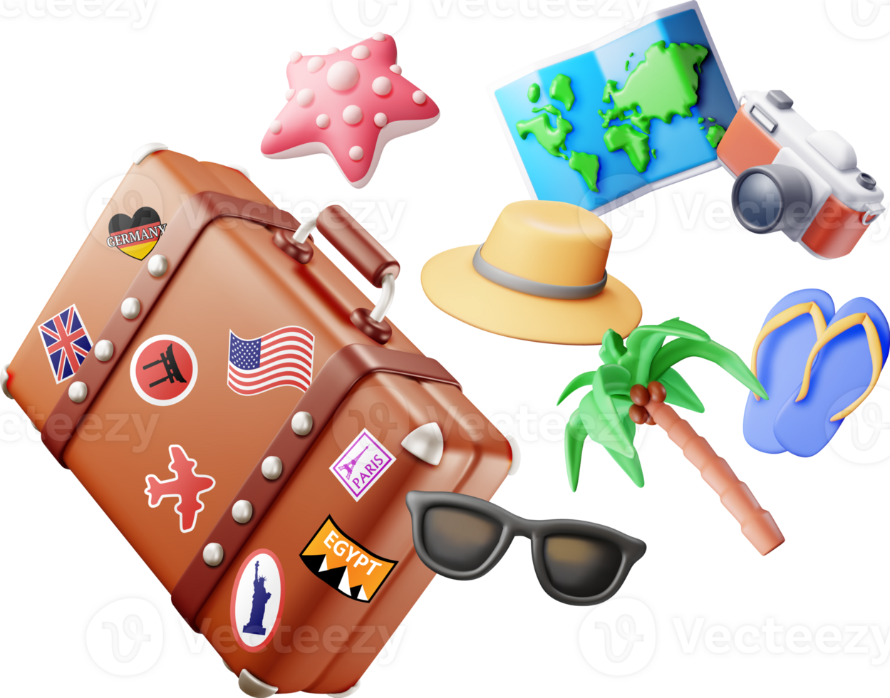 3d palm tree, travel bag, globe and photo camera. png