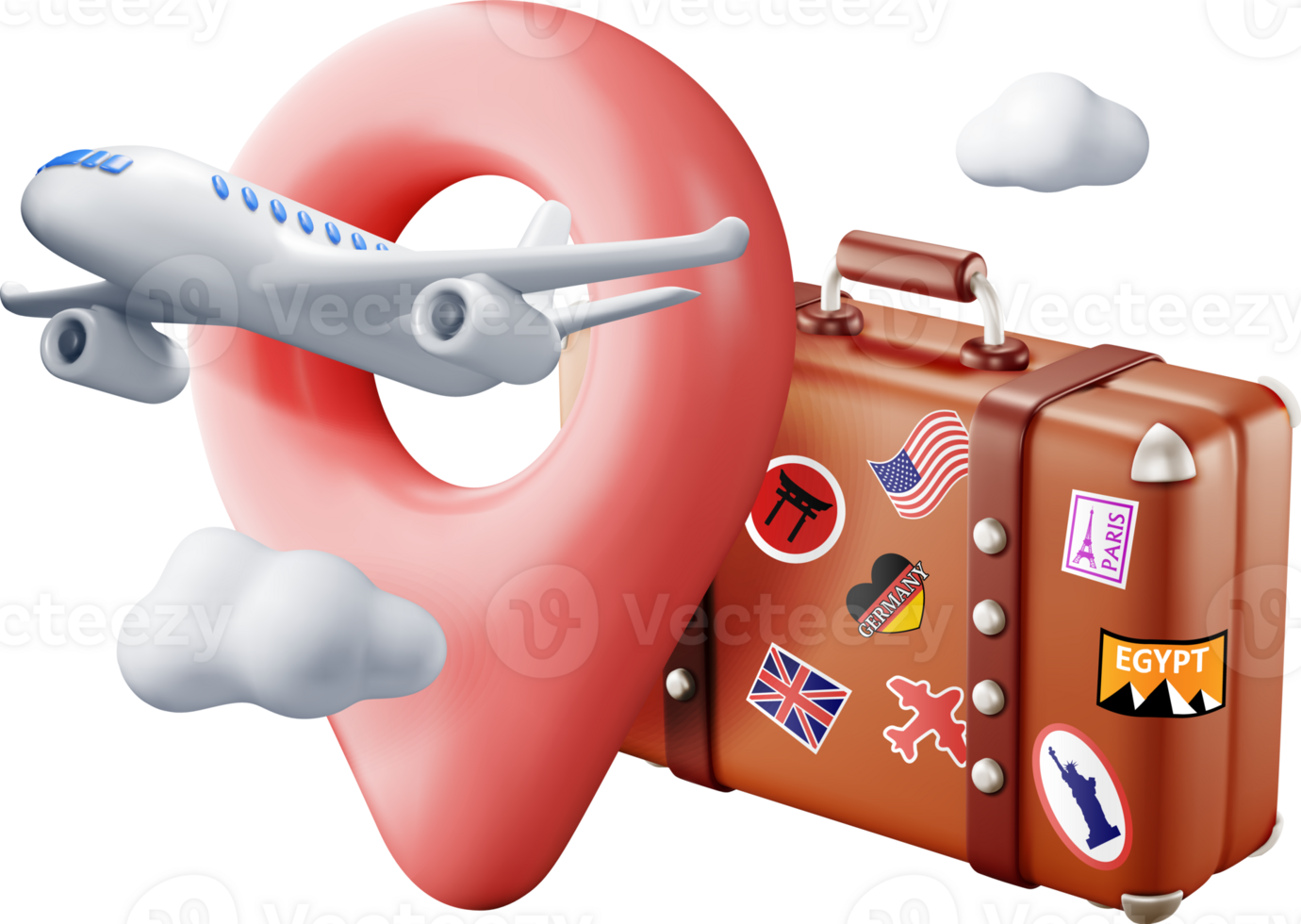 3d vintage travel bag, location pin and airplane png