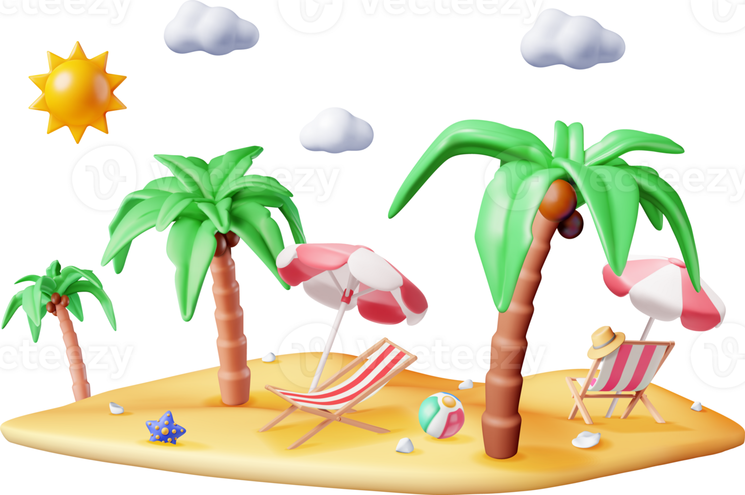 3d dek stoel, zwemmen bal, zeester en palm boom. png