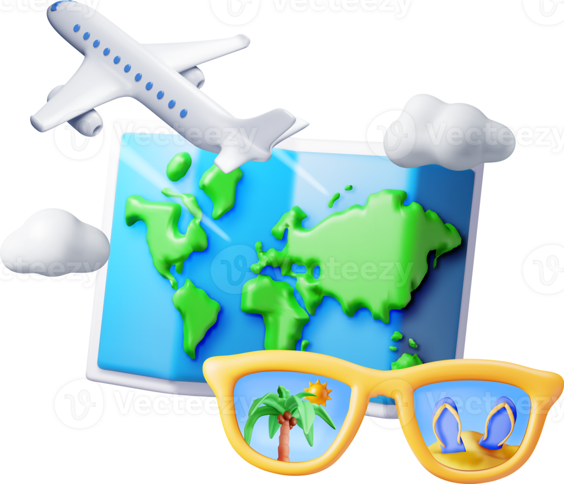 3D airplane in clouds, sunglasses and paper map png