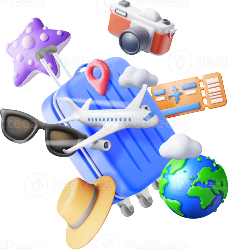 3d airline ticket, travel bag, globe and airplane. png