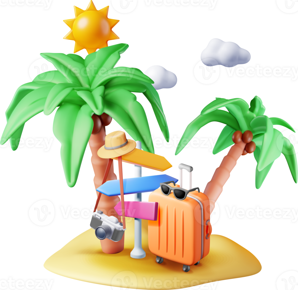 3d Island with Travel Bag, Palm Tree and Pointer png