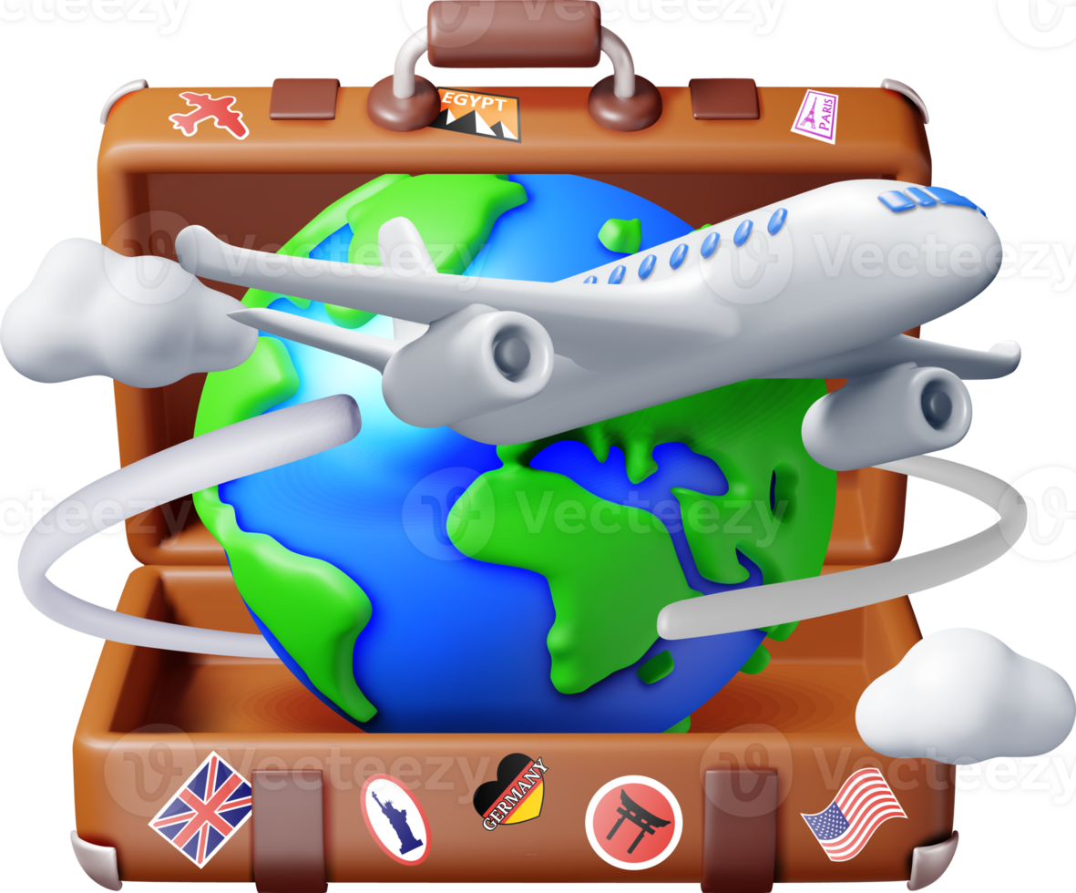 3d vintage travel bag, globe and airplane png