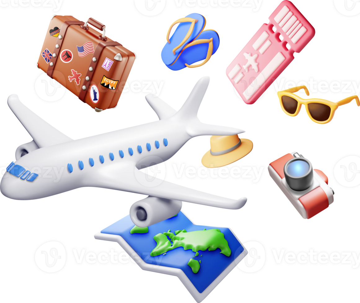 3d airline ticket, travel bag, map and airplane. png