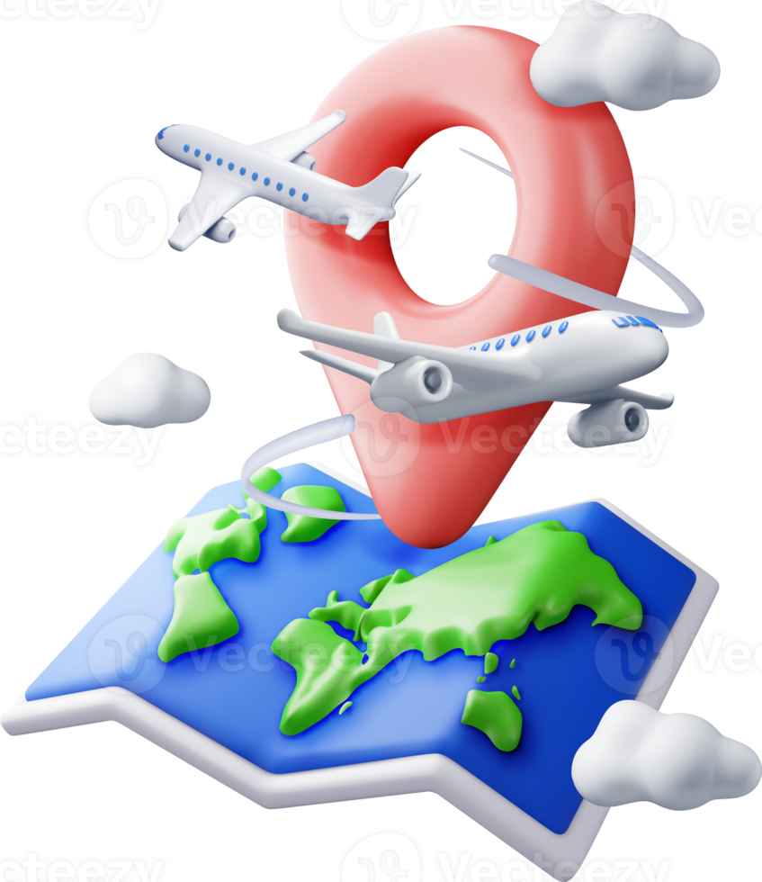 3D airplane in clouds and paper map png