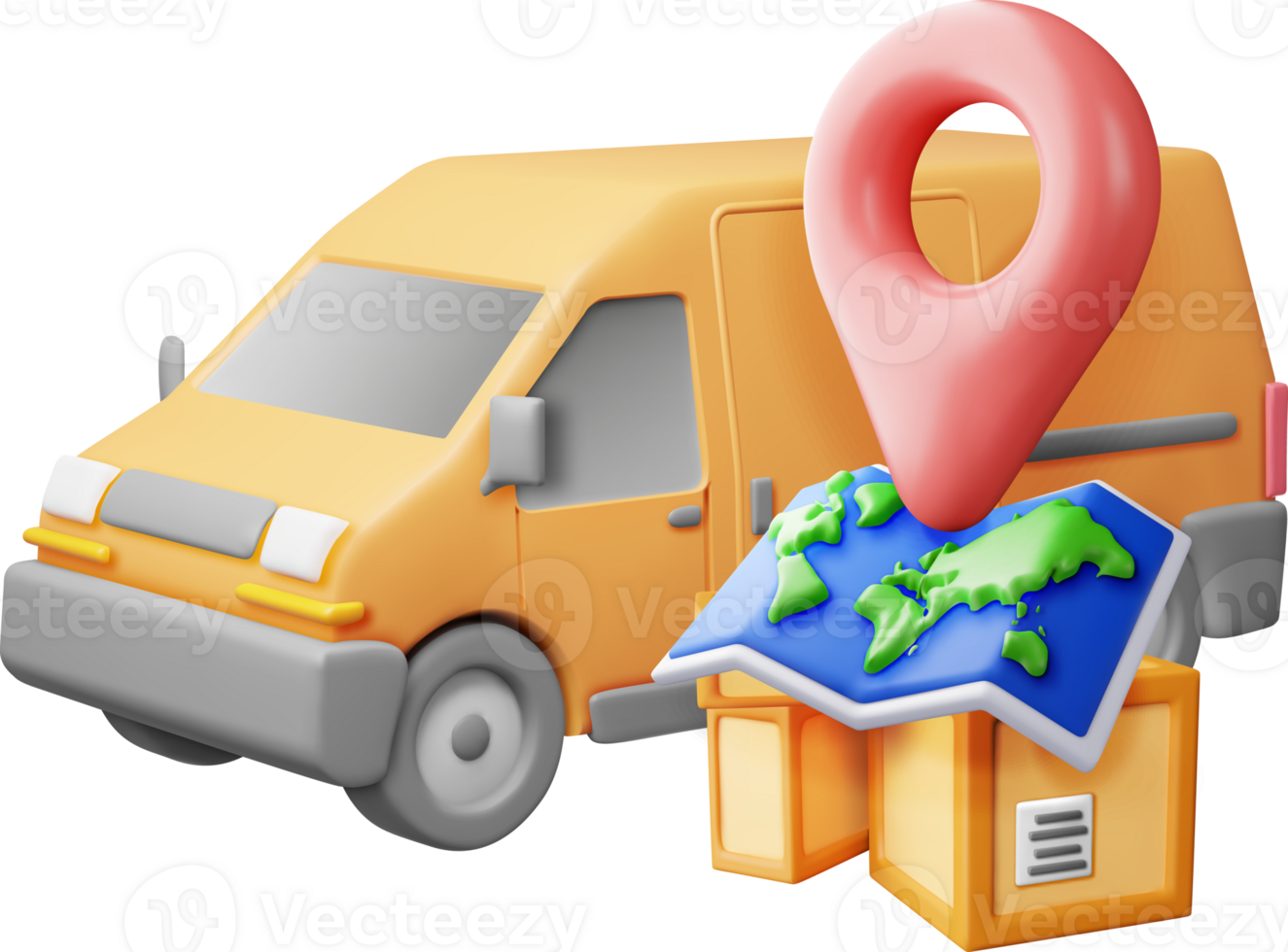 3D delivery van and cardboard boxes and map. png