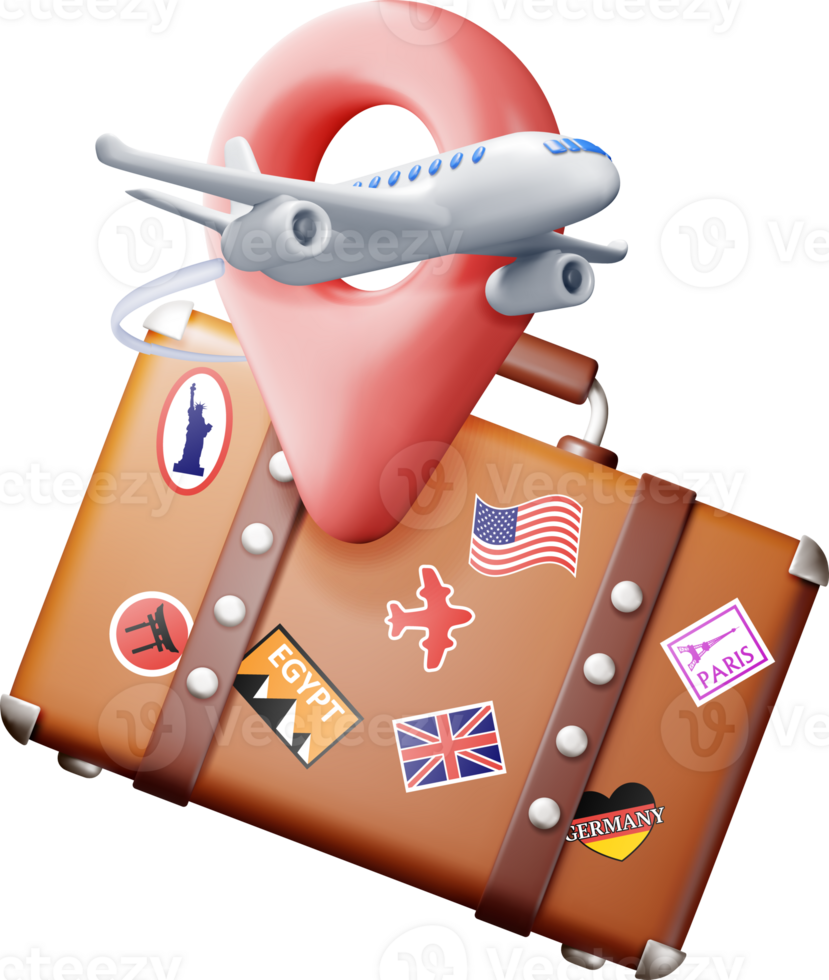 3d vintage travel bag with stickers and airplane. png