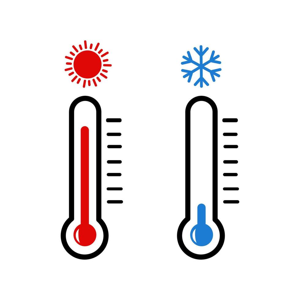 two thermometers with snowflakes and a thermometer with a red sun vector