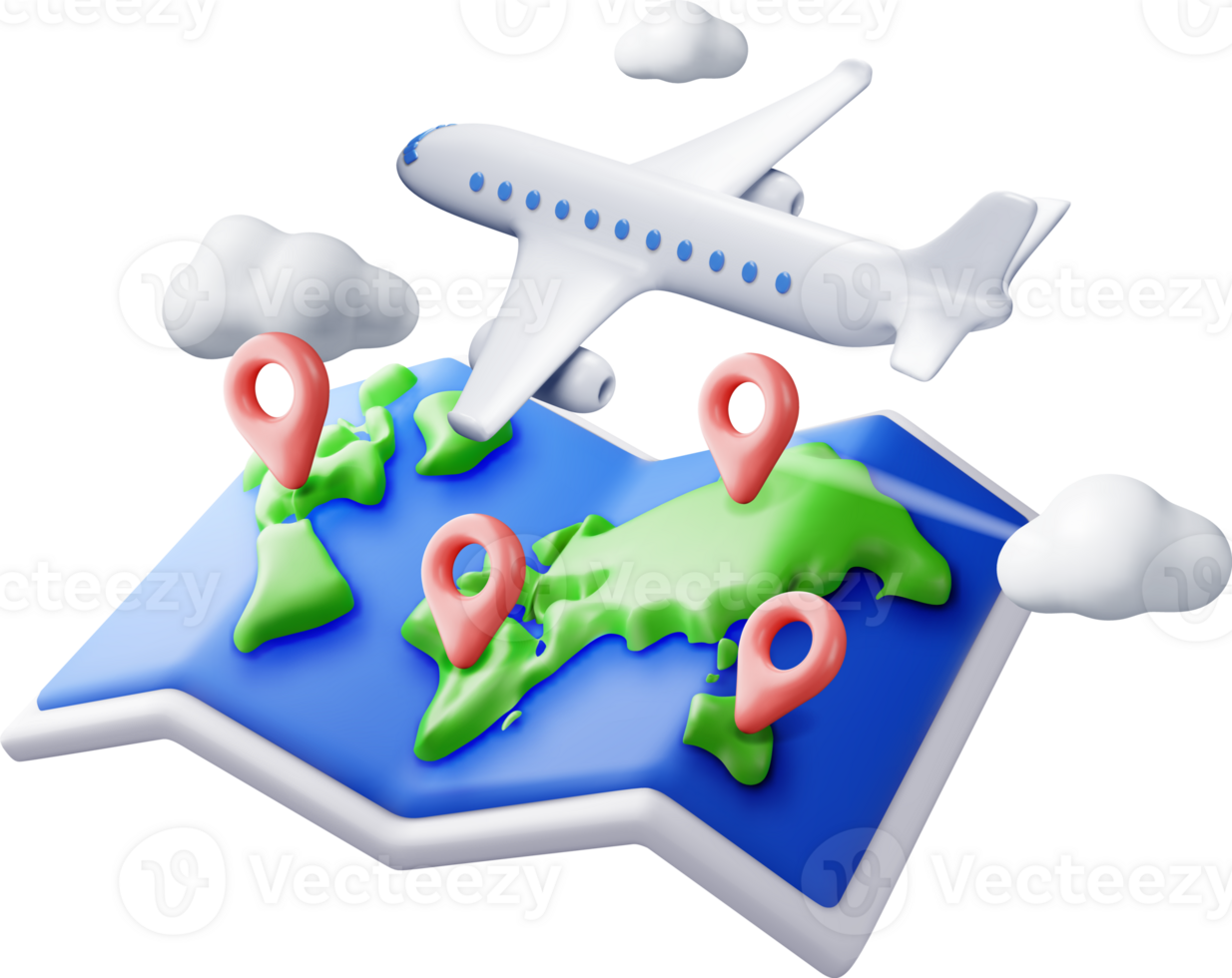 3D airplane in clouds and paper map png