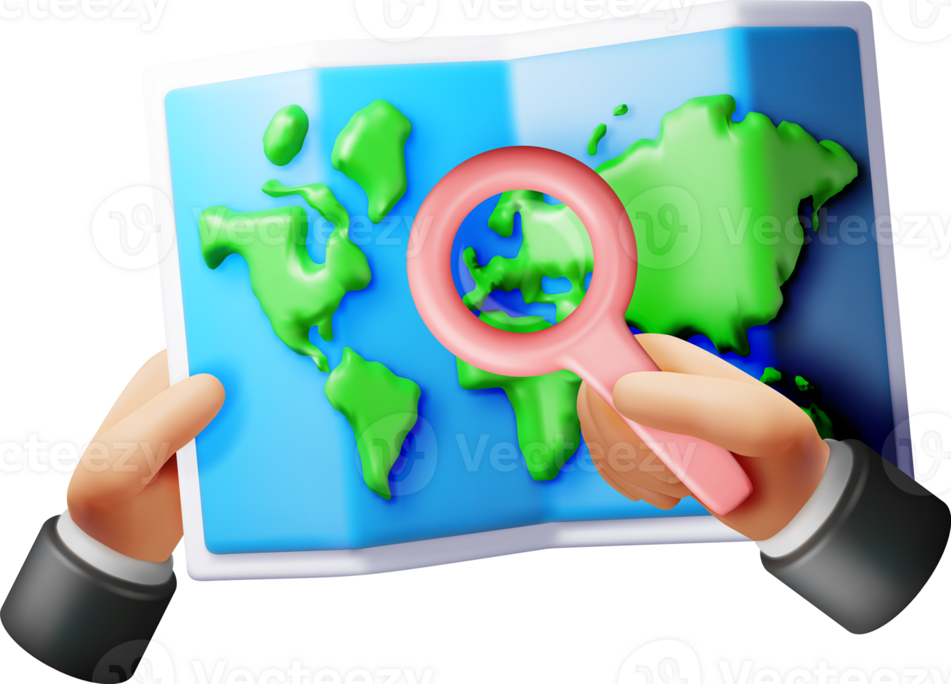 3D Location folded paper map with magnifying glass png
