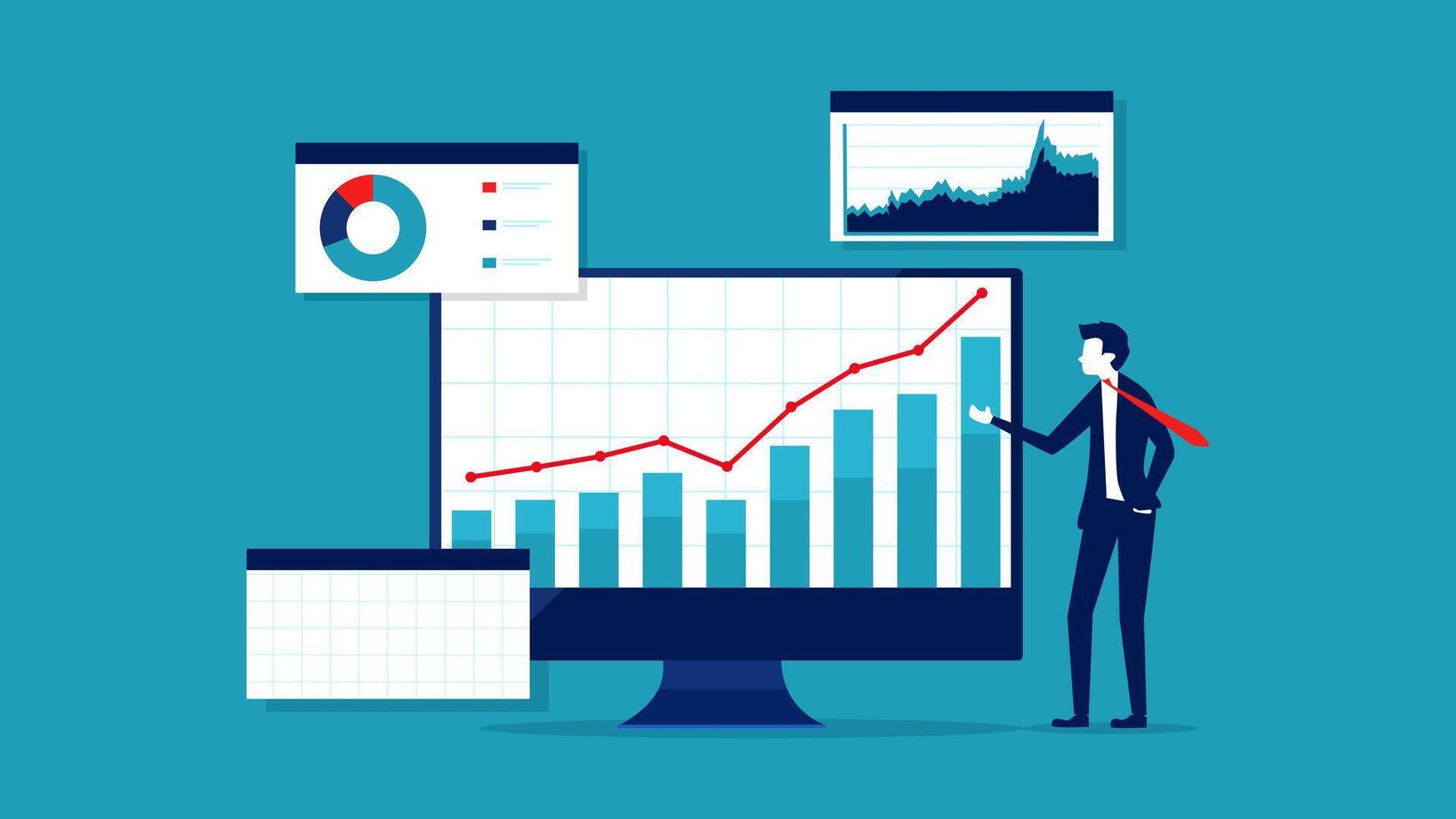 businessman with graph chart on monitor, business concept, flat design, illustration vector