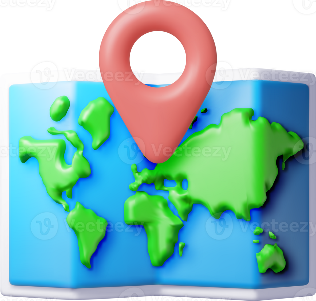 3D cartoon folded world map with location pin png