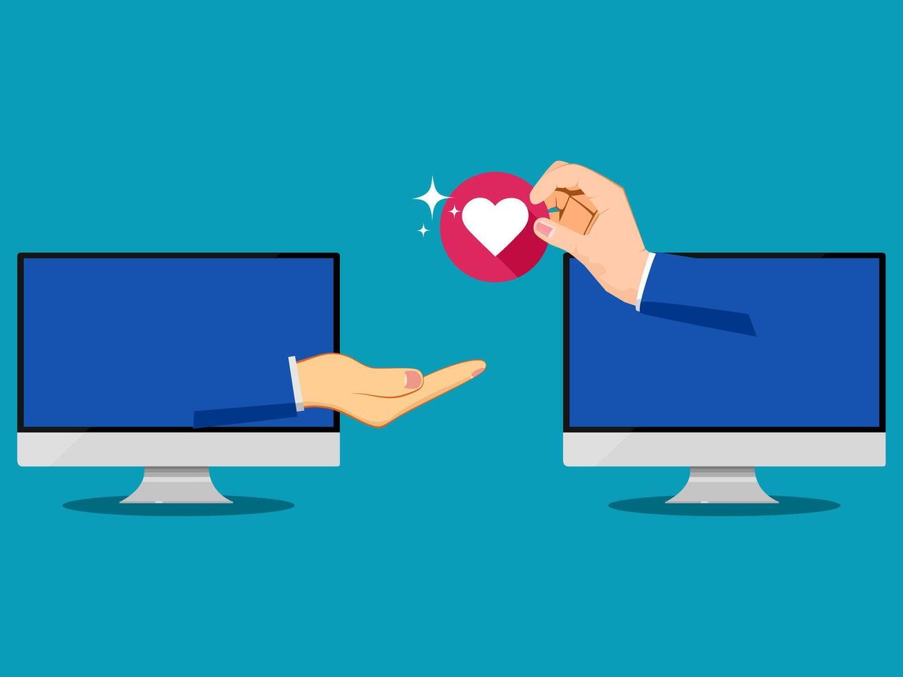 two hands are holding a heart over two computer screens vector