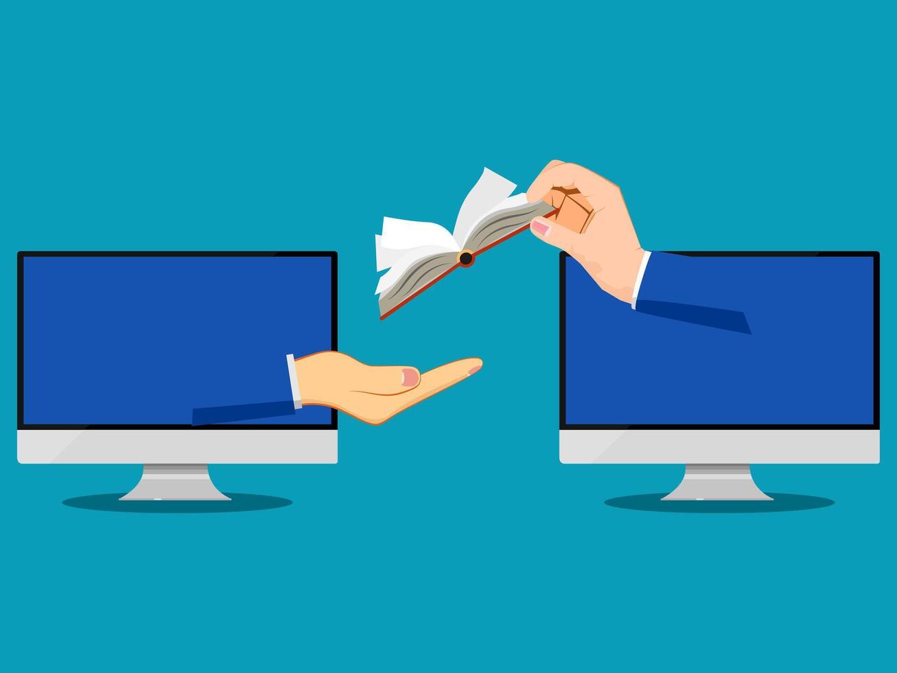 two hands are holding a book and a computer screen vector