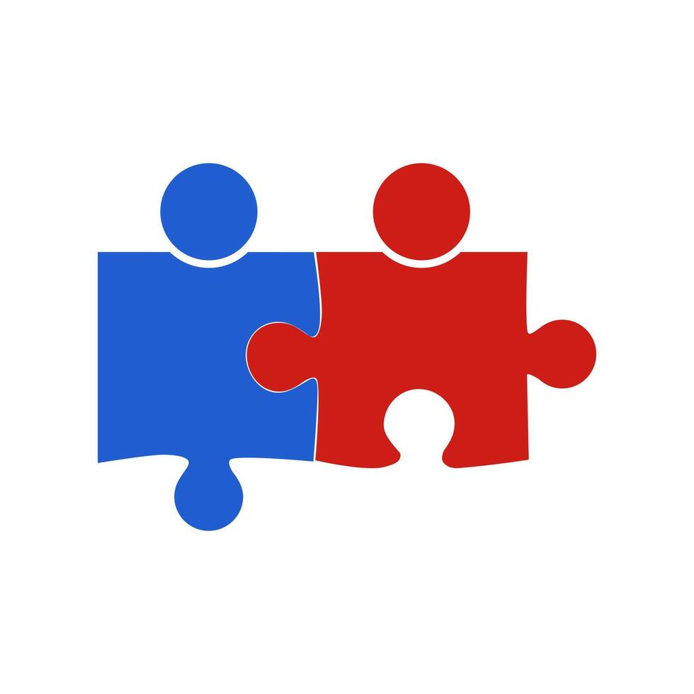 two people holding a puzzle piece in red and blue vector