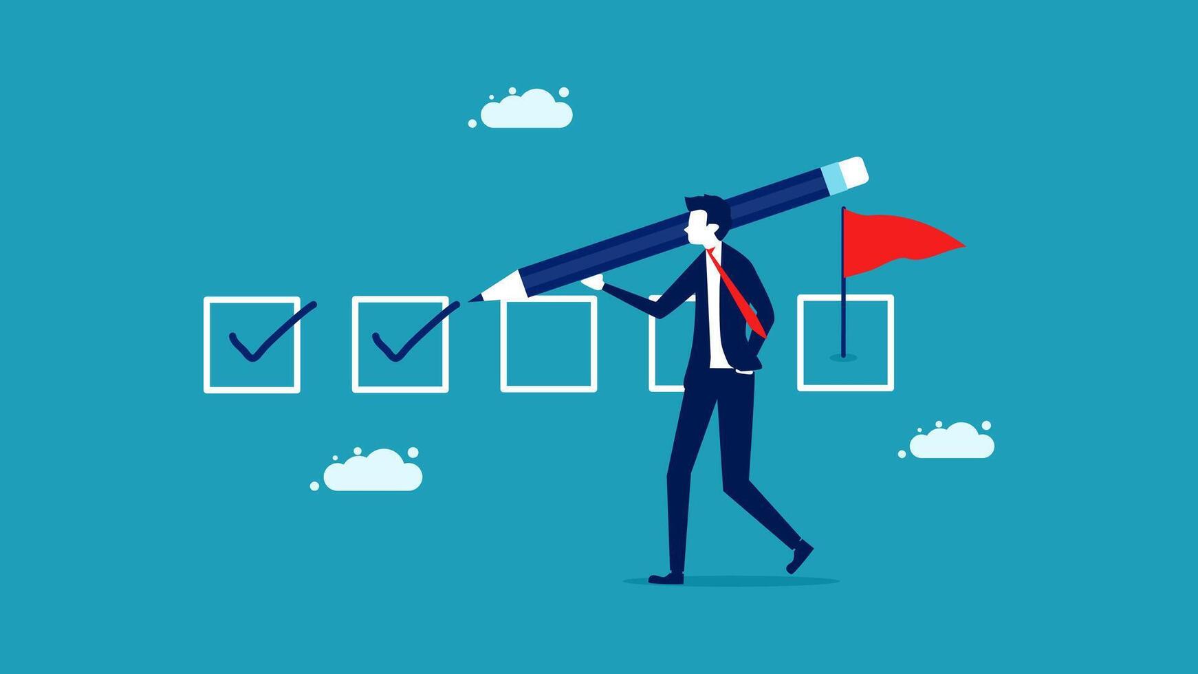 businessman with red flag and pencil on checklist vector