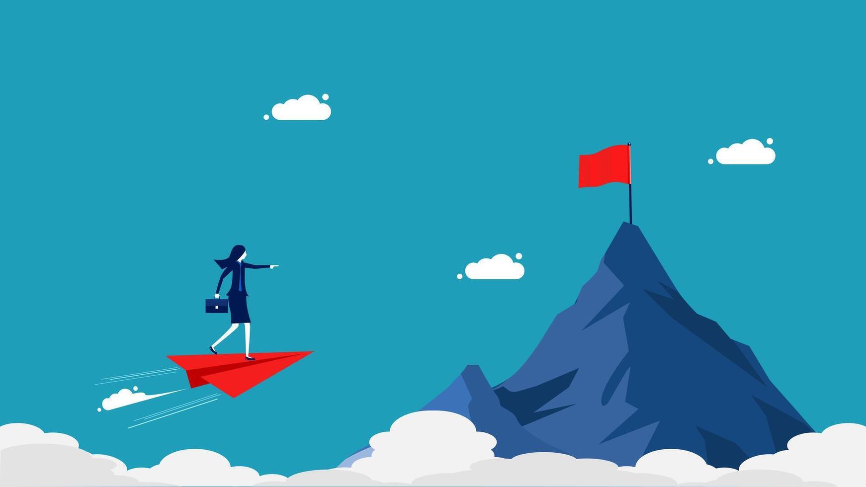 businesswoman flying on red paper plane on top of mountain vector