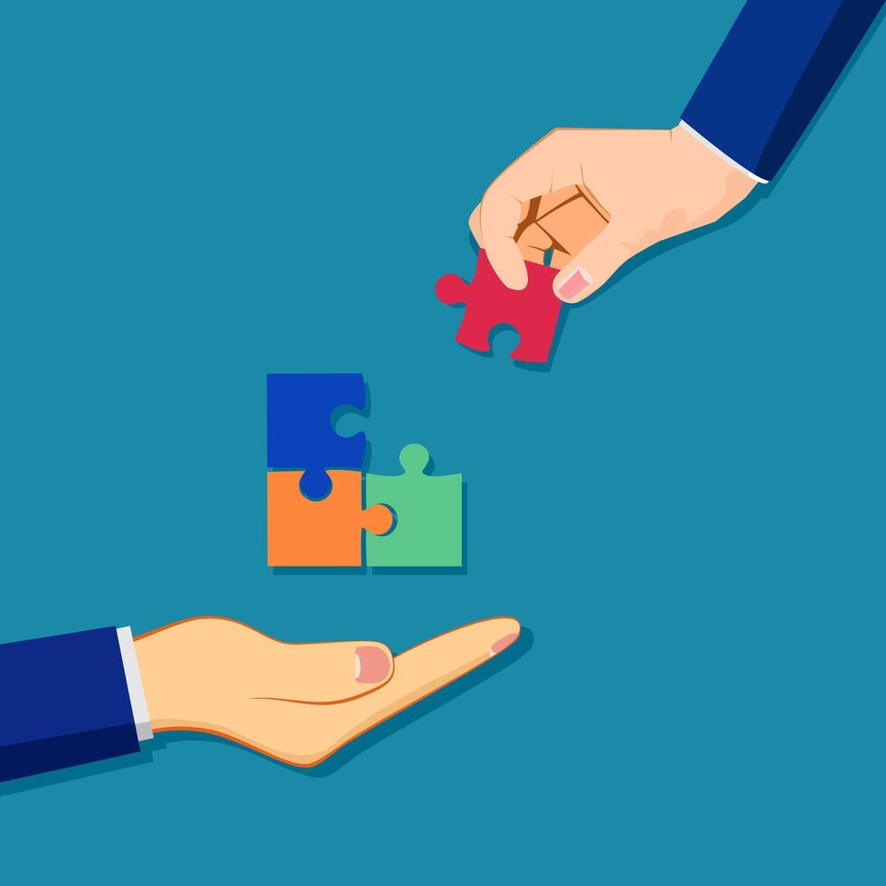 two hands holding a puzzle piece on a blue background vector