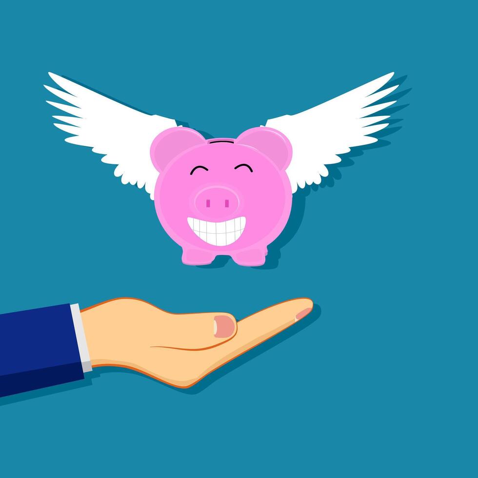 a hand holding a piggy bank with wings and a smile vector