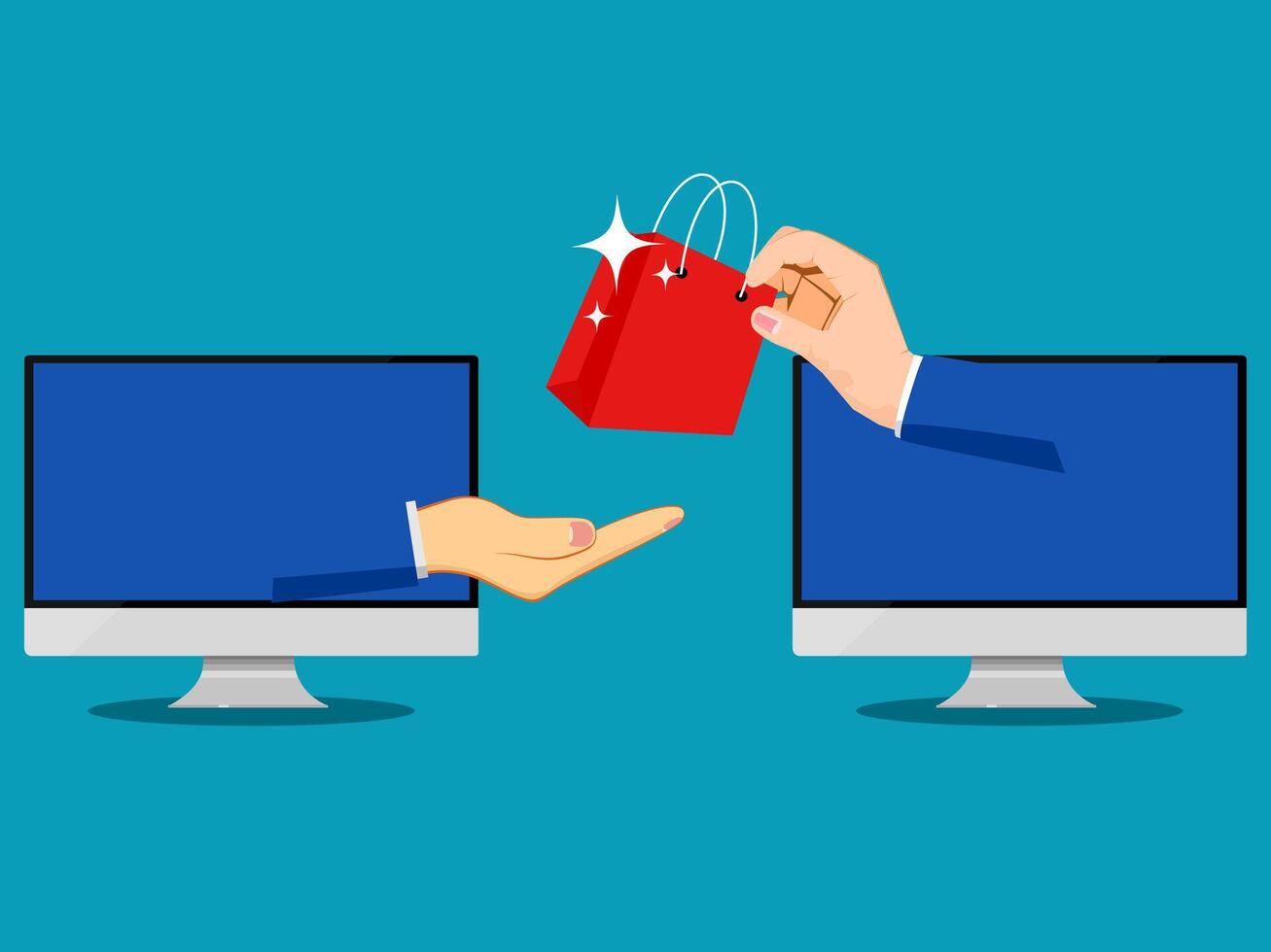 two hands are holding a red shopping bag over two computer screens vector