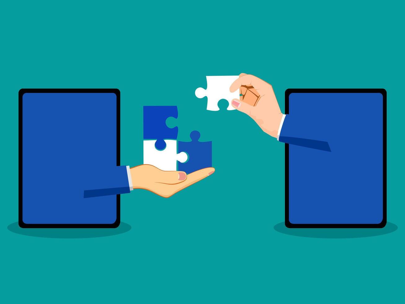 two hands holding puzzle pieces on a tablet vector