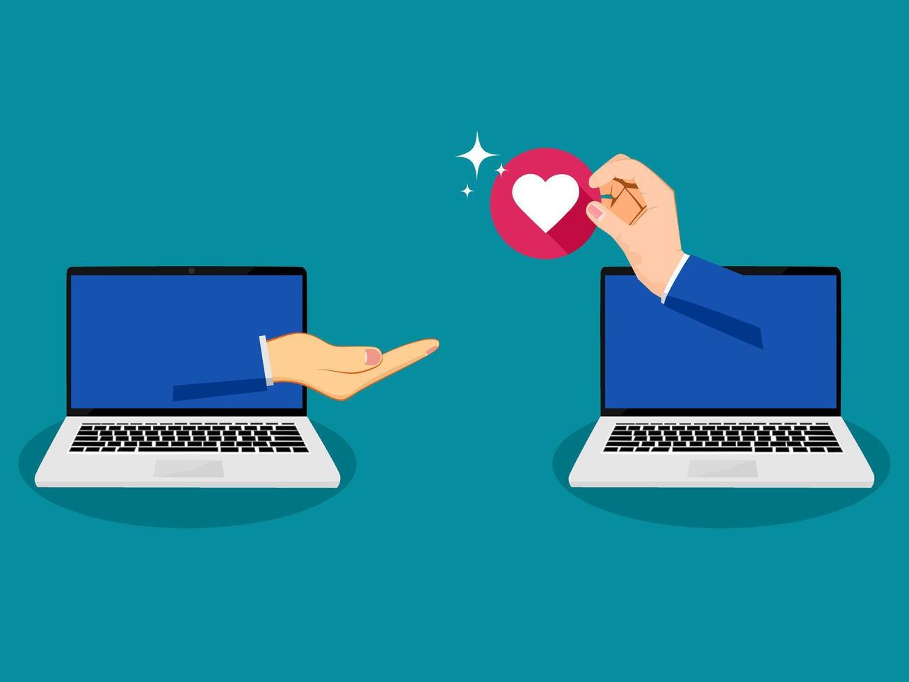 two hands are holding a laptop with a heart on it vector