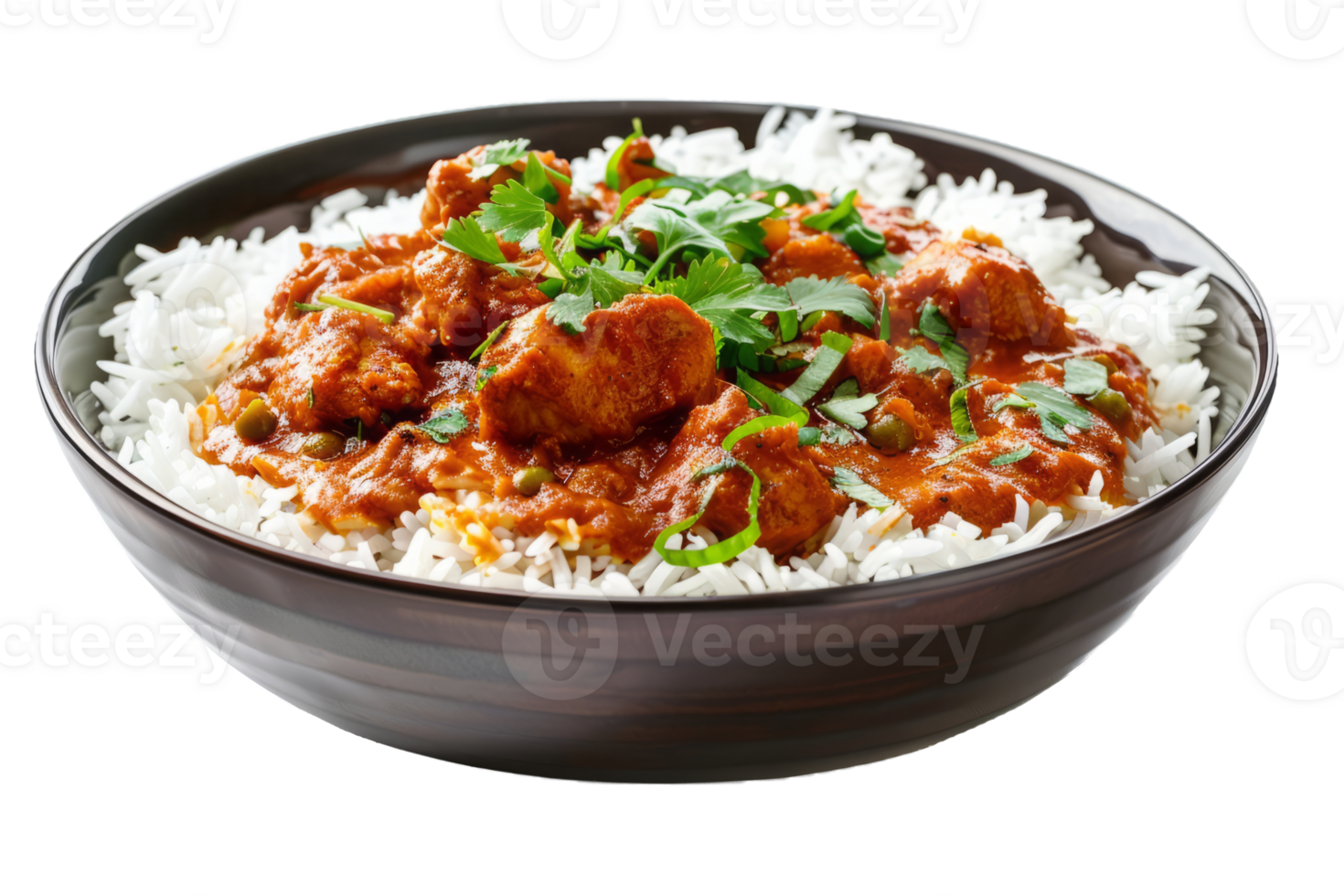 Tikka masala curry chicken served over rice in bowl. Traditional Indian food png