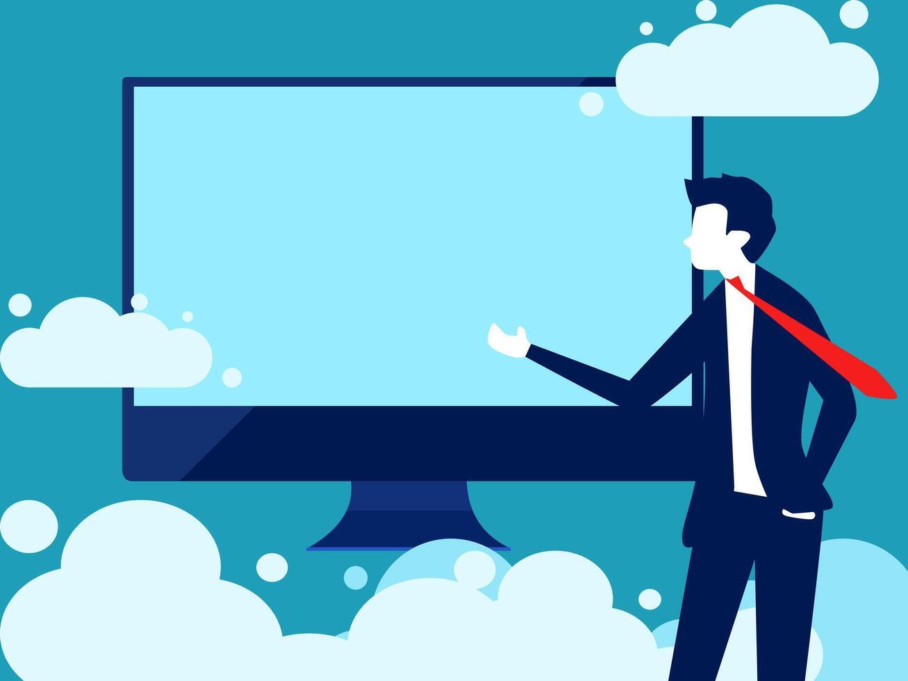 businessman pointing at a computer screen with clouds vector