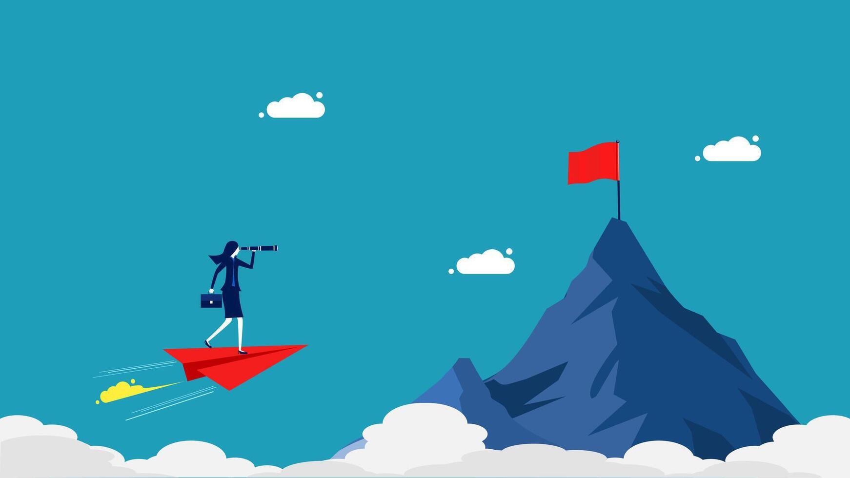 businessman flying on a red rocket to the top of a mountain vector