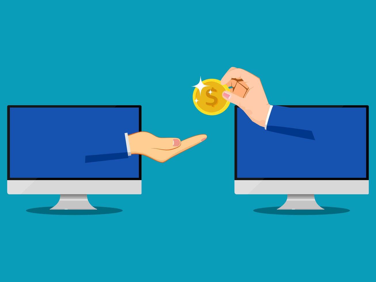 two hands are holding a gold coin over two computer screens vector