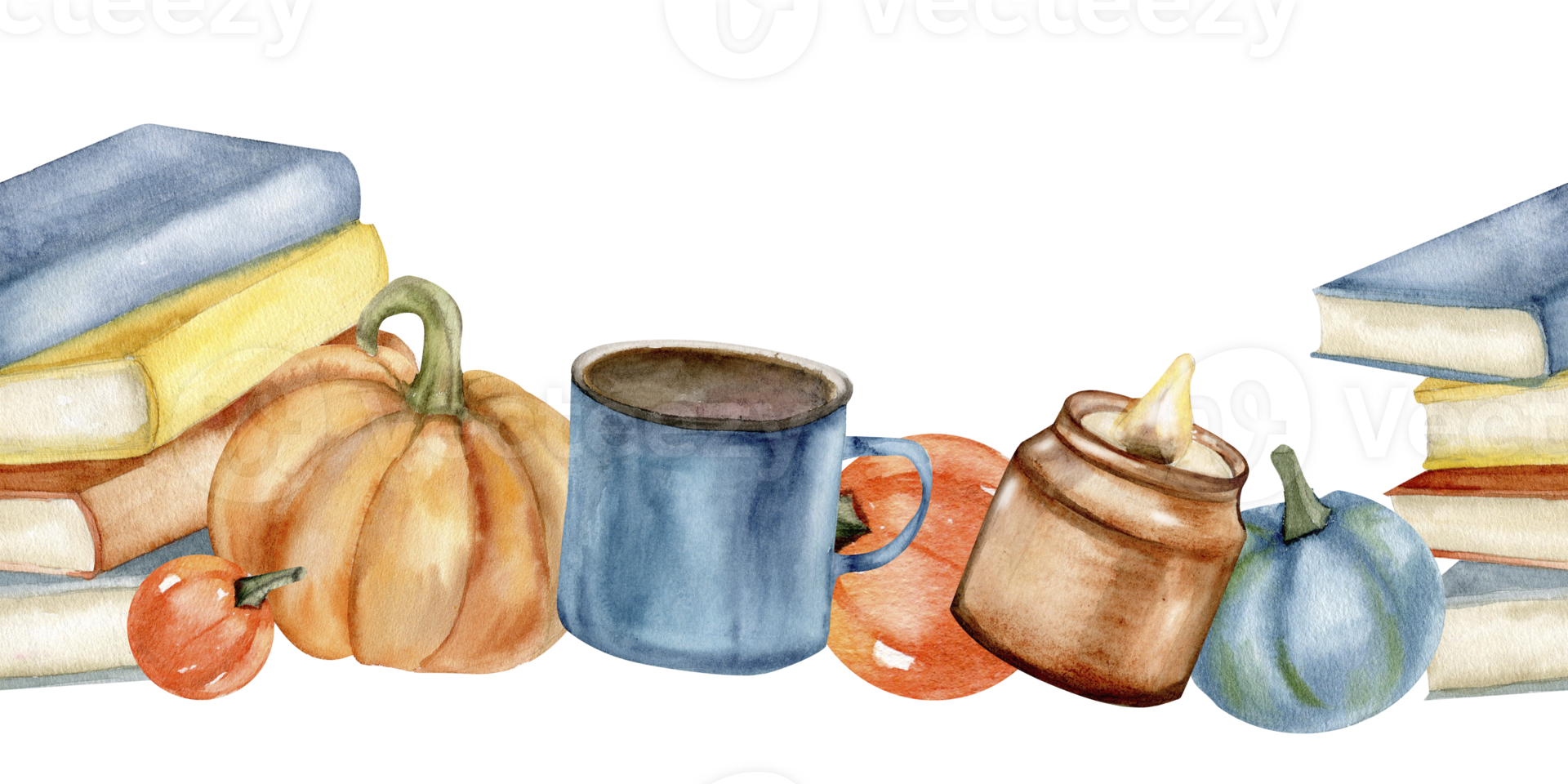 Stack of books, coffee cup, orange pumpkin and candle watercolor seamless banner. Hand drawn border for book shop lable, template, cozy autumn, thanksgiving festival design png