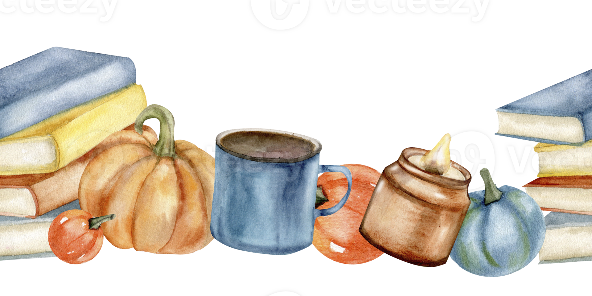 pila di libri, caffè tazza, arancia zucca e candela acquerello senza soluzione di continuità striscione. mano disegnato confine per libro negozio etichettabile, modello, accogliente autunno, ringraziamento Festival design png