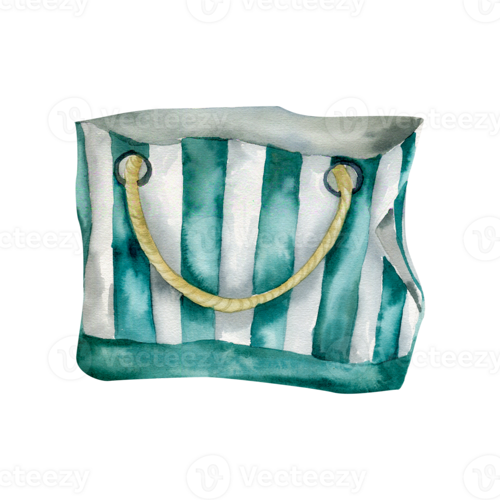 Beach bag watercolor illustration in retro style with green stripes, rope handles. Summer beach element, women bag for clothes for trip, travelling card design. png