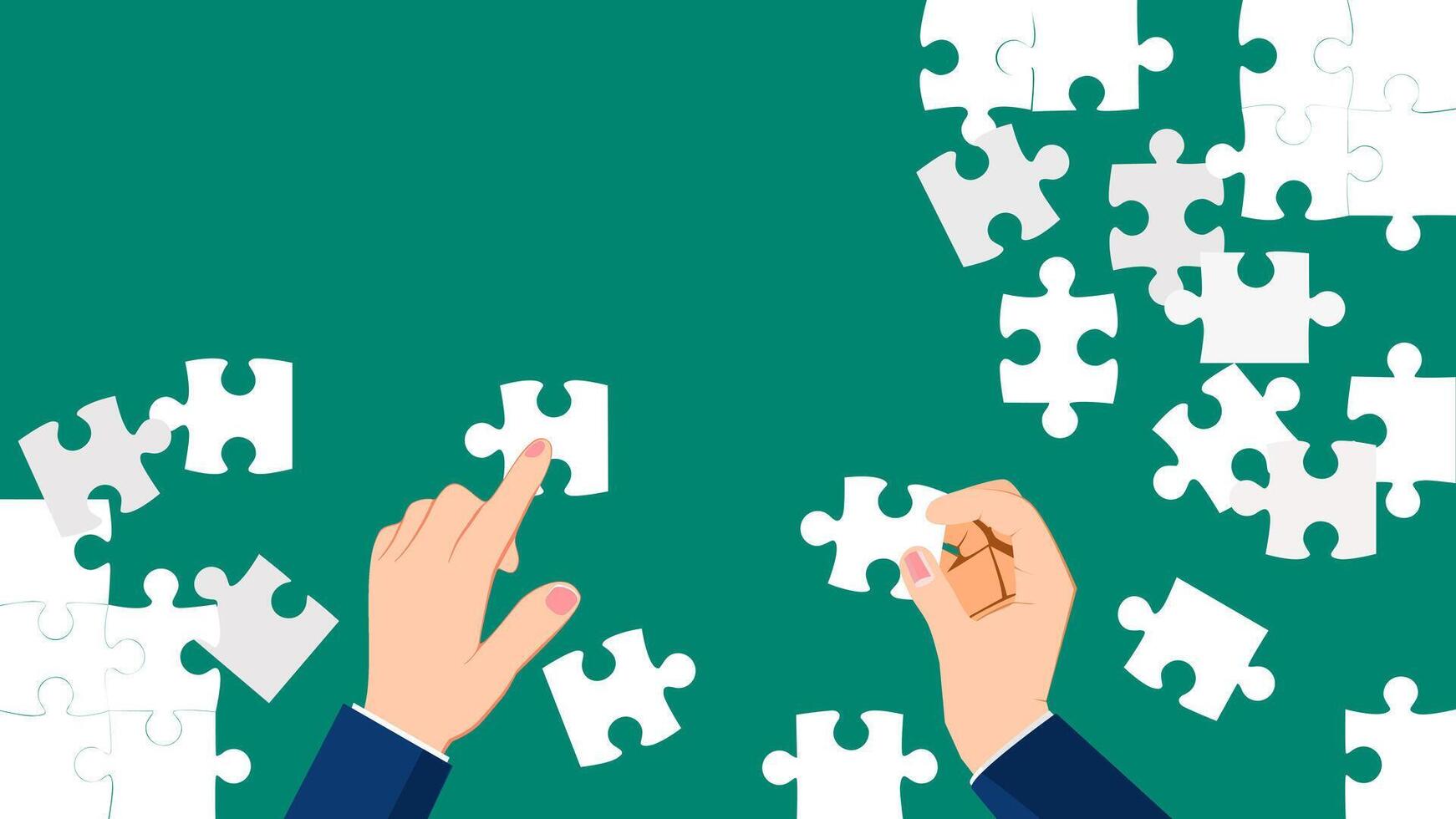 businessman hands holding pieces of puzzle on green background vector