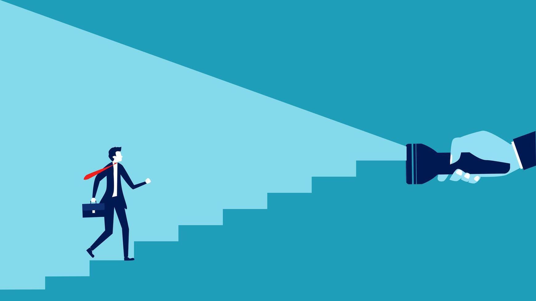 Light guides to success. Businessman walking up the stairs light vector