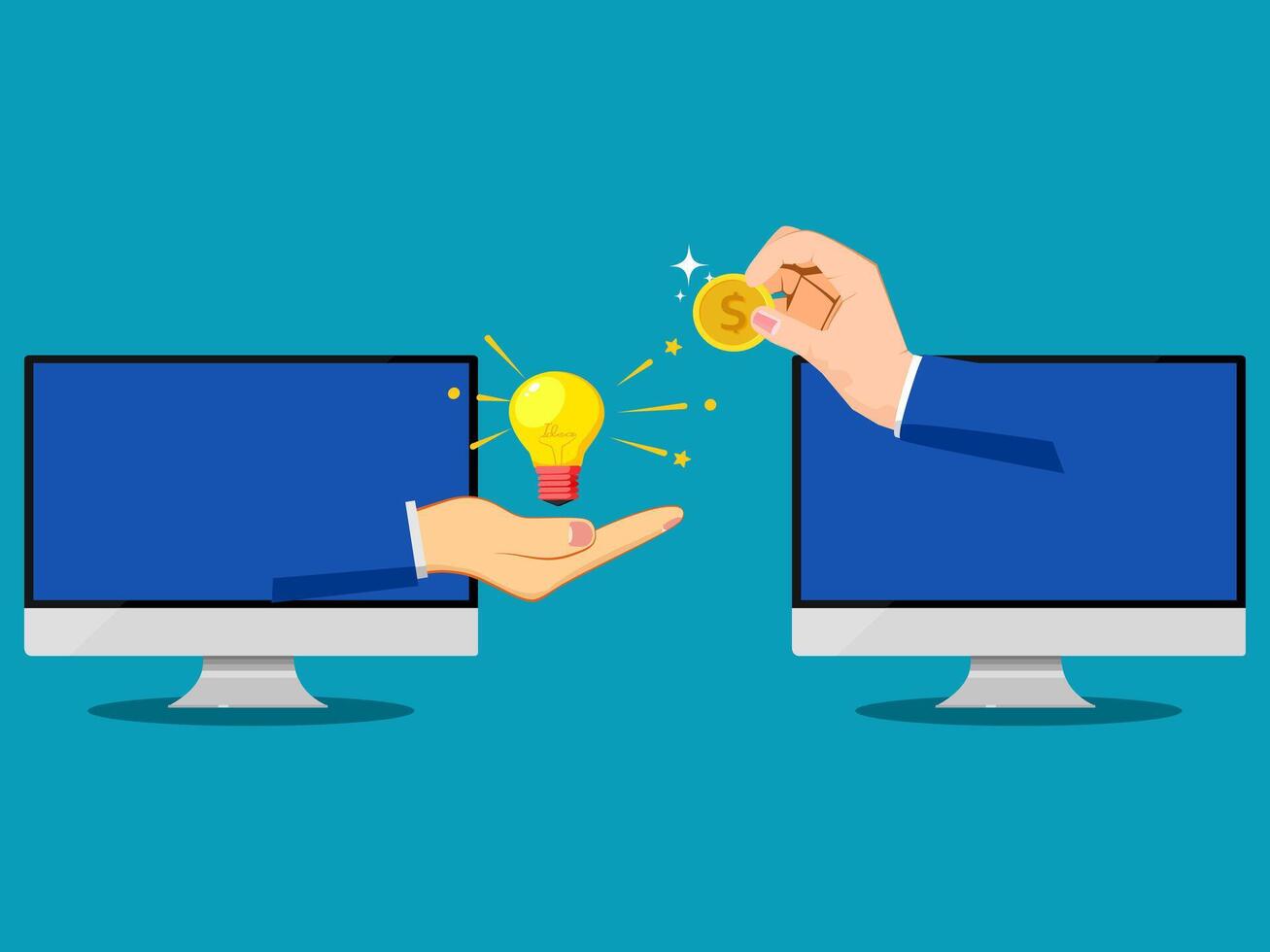 two hands are holding a light bulb and a computer screen vector