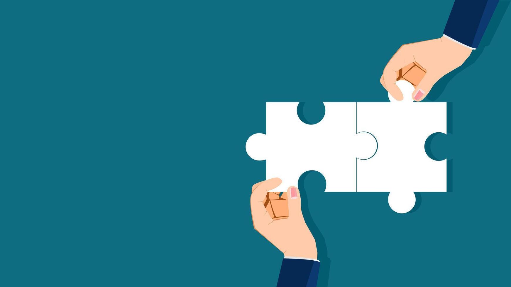 two hands holding a piece of puzzle on a blue background vector