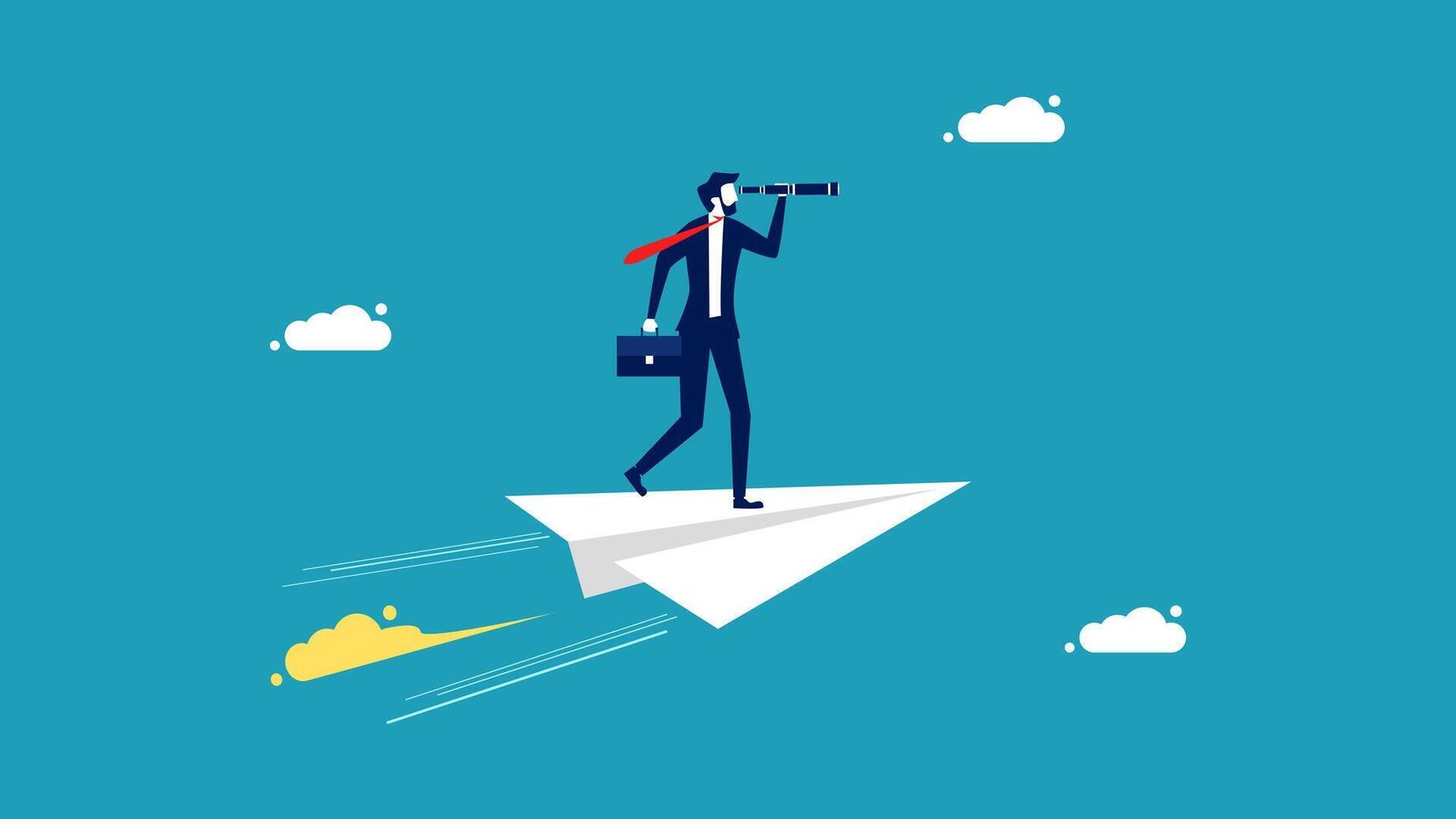 businessman on paper plane with binoculars looking at the sky vector
