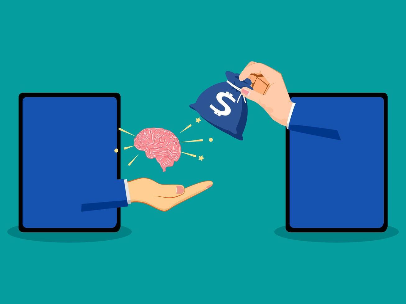 hand giving money to brain and tablet with money vector